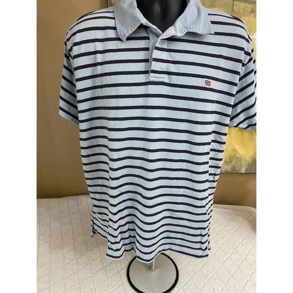 Vintage Ralph Lauren Blue Striped Men’s Polo Tee  Size XL